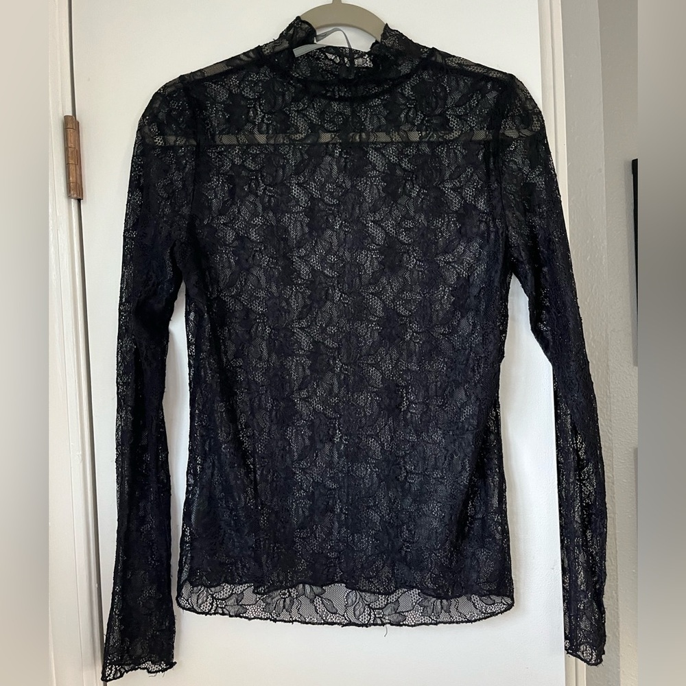 Anthropologie Black Sheer Lace Long-Sleeve Top